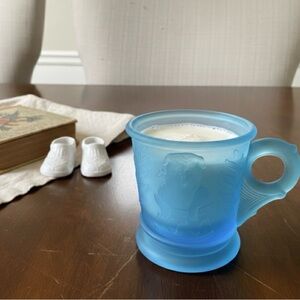 Vintage Mosser Blue Satin Glass Puppy Kitten Child’s Mug 3” Tall EUC